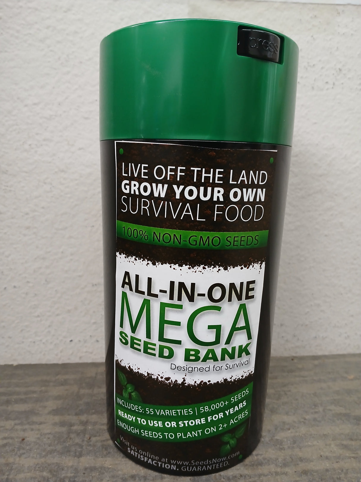 All-in-One Mega Seed Bank with large seed storage vault containing 55 varieties and over 88,000 non-GMO seeds for survival and long-term storage