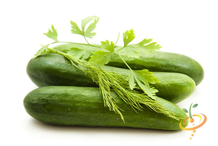 Straight Eight cucumbers with fresh green herbs on white background