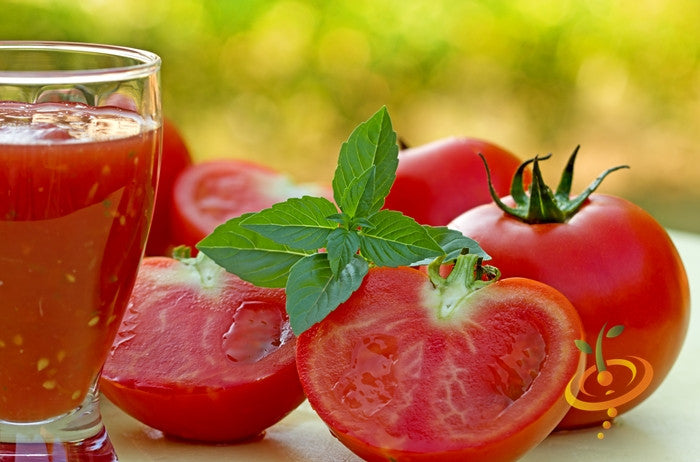 Fresh Ace 55 Tomato seeds produce medium red tomatoes with low acidity and hearty flavor next to a glass of tomato juice and basil leaves