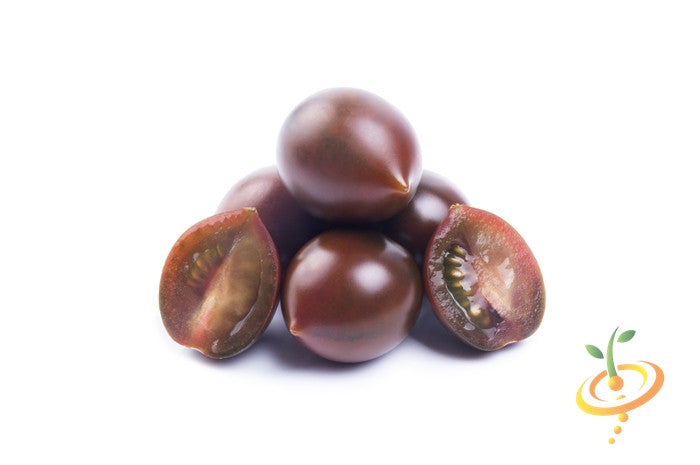 Black Cherry Tomato fruits whole and halved showing rich dark color and juicy interior