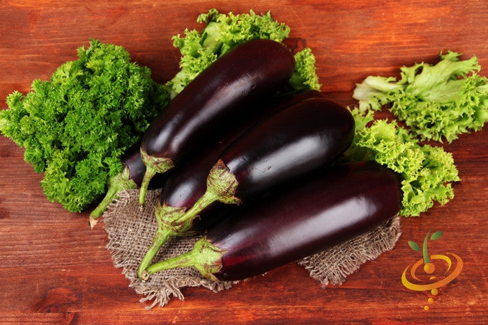 Glossy deep purple eggplants with green stems on burlap and wooden background with fresh green lettuce leaves Eggplant Florida Market seeds