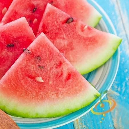 Close-up of sliced Florida Giant watermelon with bright red flesh and dark seeds on a blue plate