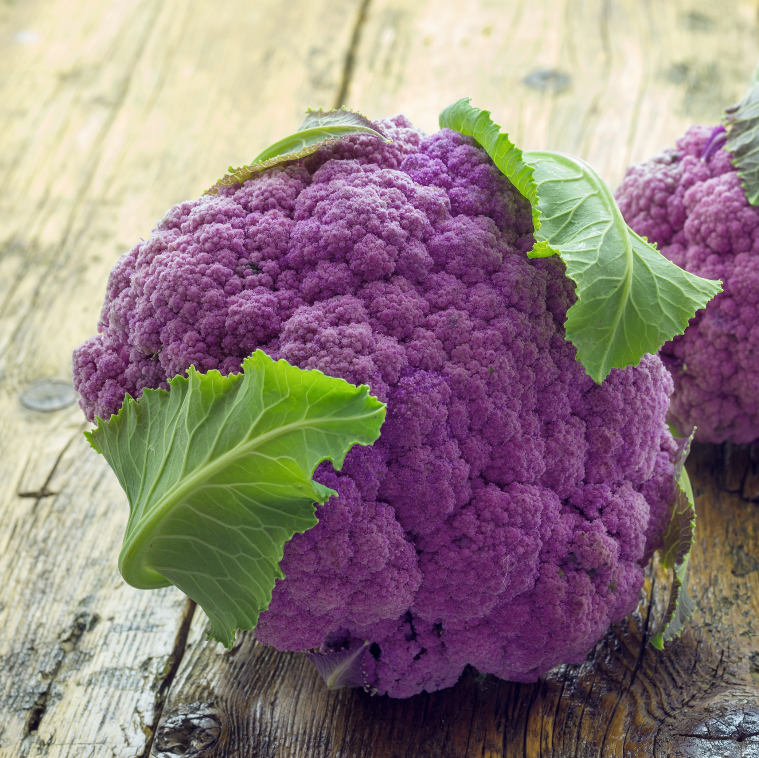 Violetta purple cauliflower seeds by SeedsNow, showing vibrant purple seeds in a clear container for gardening.