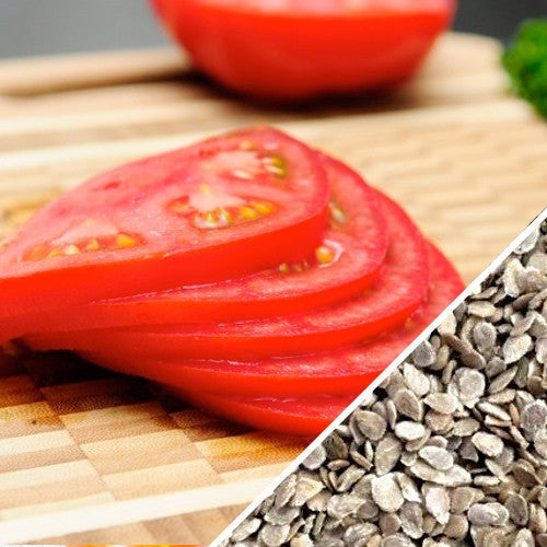Sliced ripe VR Moscow Tomato with determinative seeds on wooden cutting board