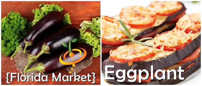 Glossy dark purple Florida Market eggplants with fresh greens and baked stuffed eggplant slices topped with cheese and tomato.