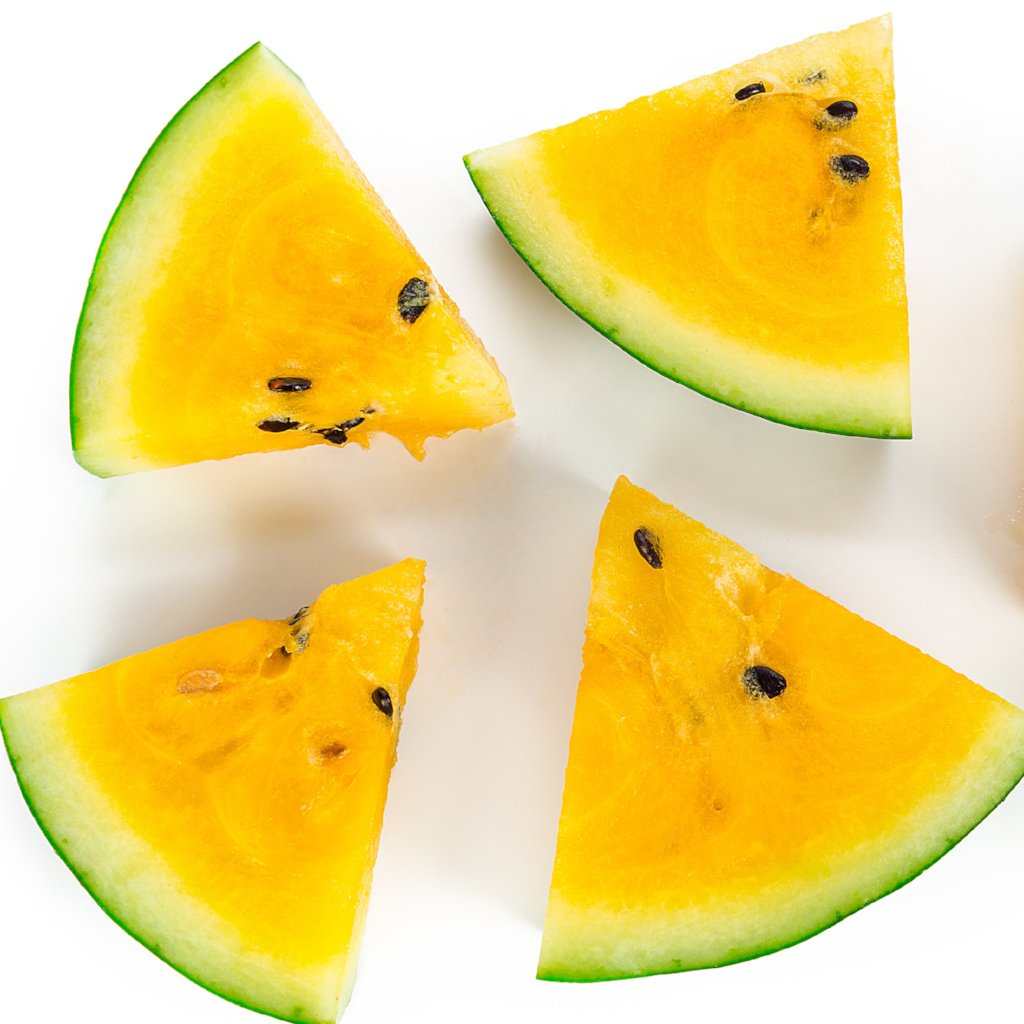 Slices of Watermelon Moon & Stars Yellow Flesh with dark green rind and black seeds on white background